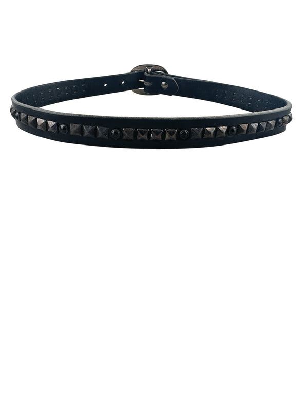 Belt 15: Square pyramid studs and polished black stones on soft brown leather