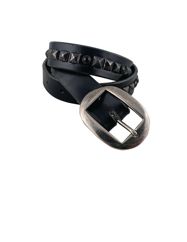Belt 15: Square pyramid studs and polished black stones on soft brown leather