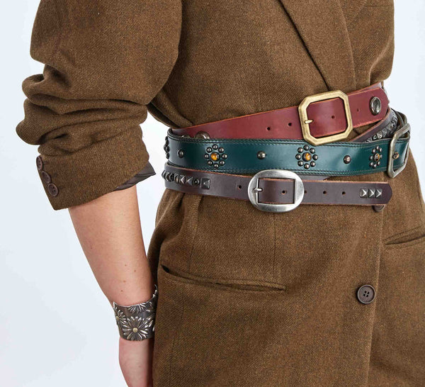 Belt 15: Square pyramid studs and polished black stones on soft brown leather