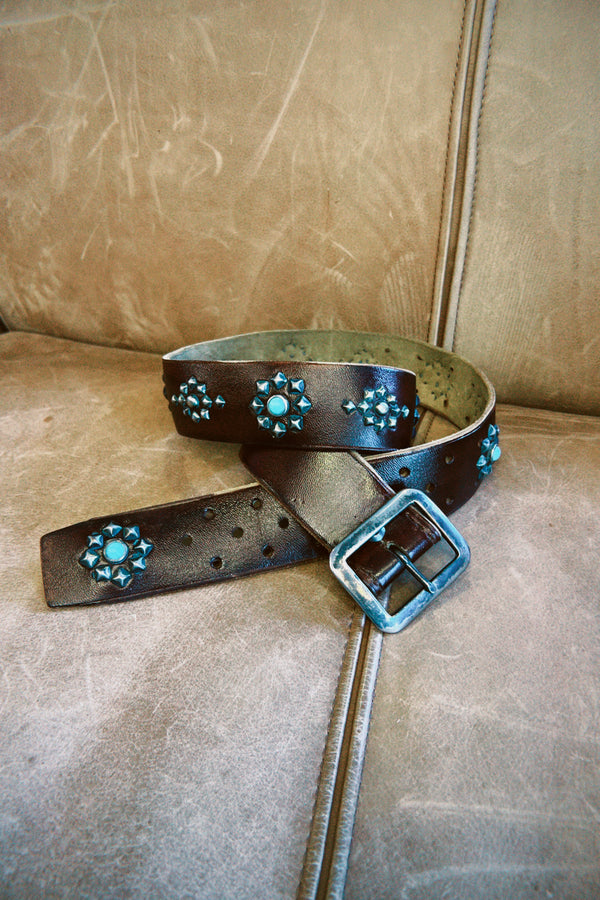 Vintage Belt SB-10. Rich Espresso Leather with Leaf Cutout Buckle, Size 30 Only.