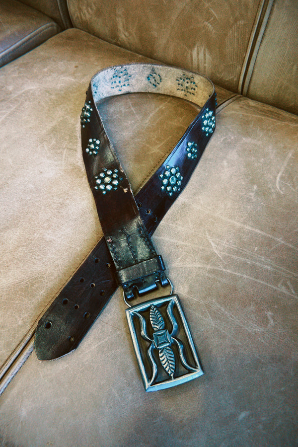 Vintage Belt SB-10. Rich Espresso Leather with Leaf Cutout Buckle, Size 30 Only.