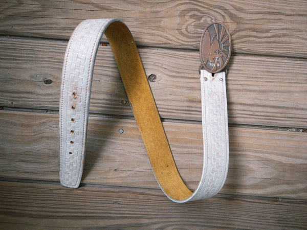Vintage Belt SB-42. White Leather with Embossed Buckle, Size 32 Only.