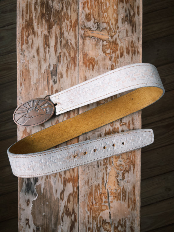 Vintage Belt SB-42. White Leather with Embossed Buckle, Size 32 Only.