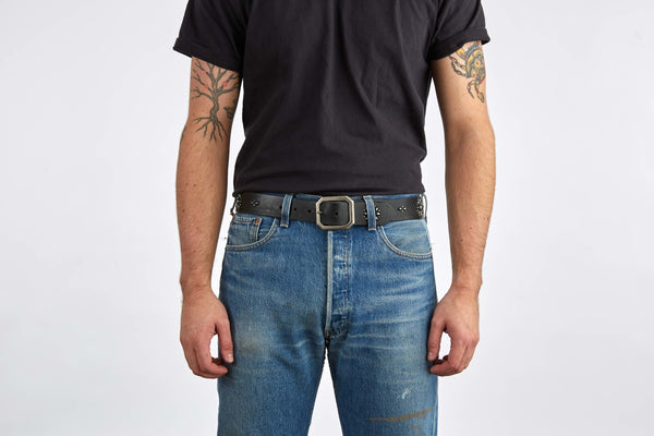 Belt 02: Circular studding with crystals on smooth Black leather. Western or Classic style.