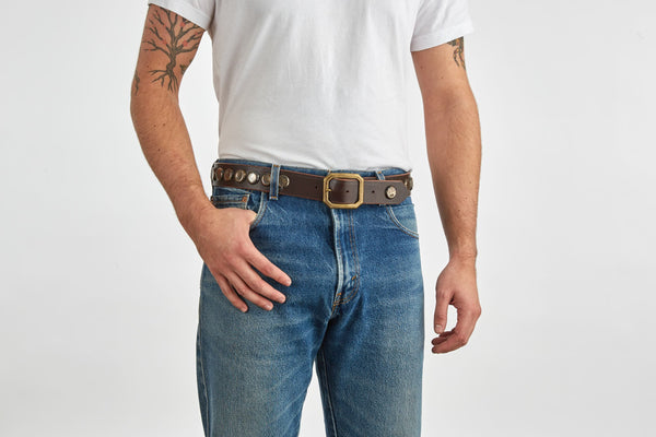 Style 012: Espresso belt with iridescent, bottlecap studs