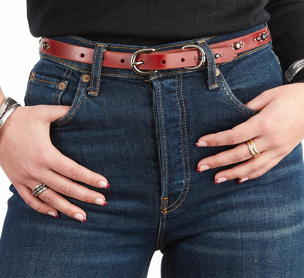 Style 017: Thin belt on cherry leather with elongated ovals, round studs and black crystals