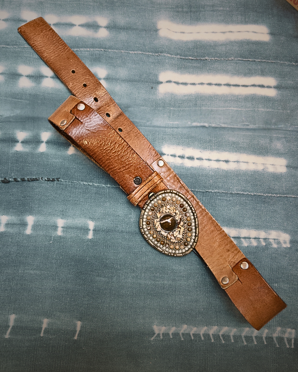 Vintage Belt SB-45. Tan Leather with Rustic Decorative Buckle, Size 34 Only.