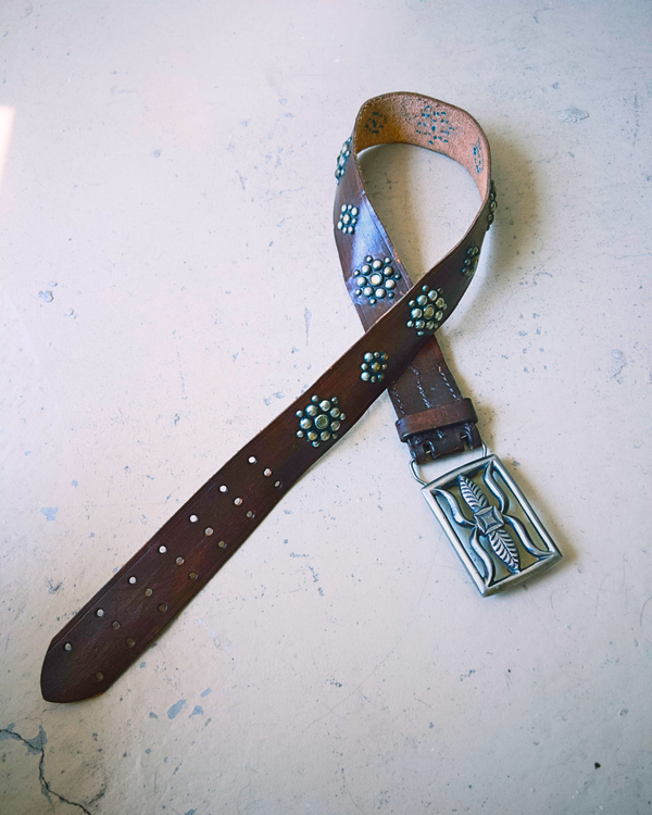 Vintage Belt SB-10. Rich Espresso Leather with Leaf Cutout Buckle, Size 30 Only.
