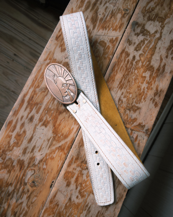 Vintage Belt SB-42. White Leather with Embossed Buckle, Size 32 Only.