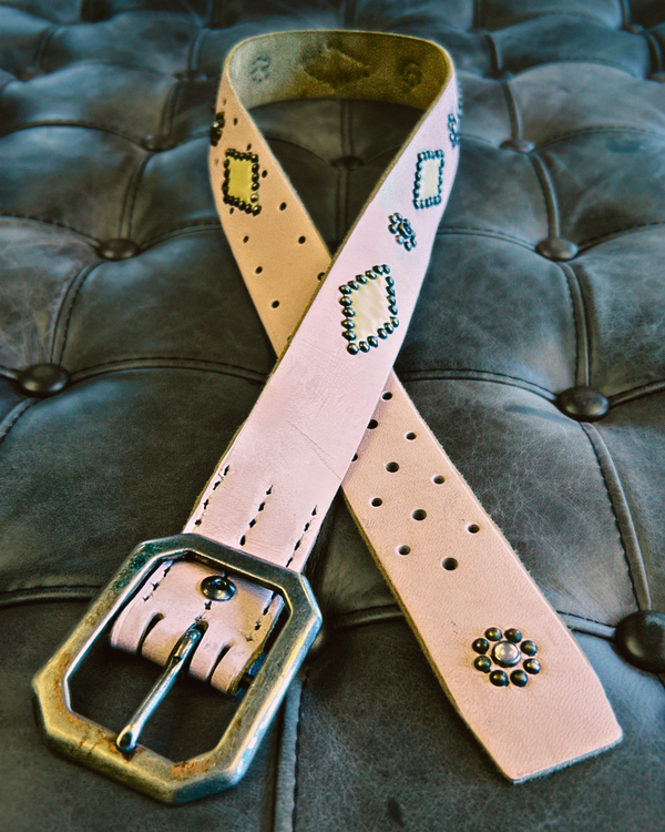 Vintage Belt SV-303. Pink Leather with Yellow Inserts, Size 36 Only.