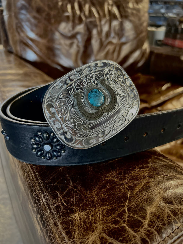 Vintage Belt Buckle with Horseshoes & Turquoise - AV-14