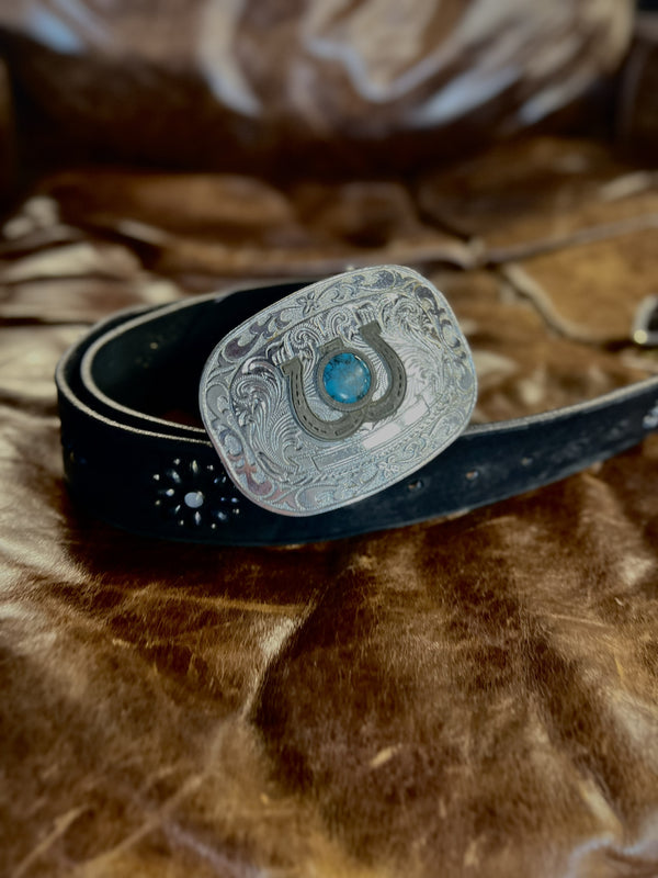 Vintage Belt Buckle with Horseshoes & Turquoise - AV-14