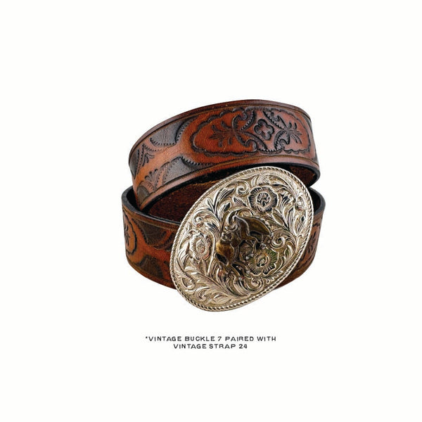 Vintage Belt 24: Rich brown belt with a heritage-inspired pattern. Size 31 only.