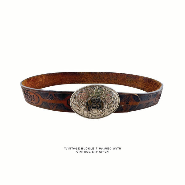 Vintage Belt 24: Rich brown belt with a heritage-inspired pattern. Size 31 only.