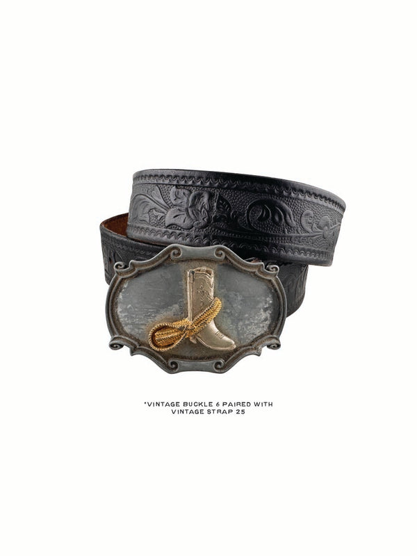 Vintage Belt 25: Crisp black leather with floral scrolling. Size 35 only.
