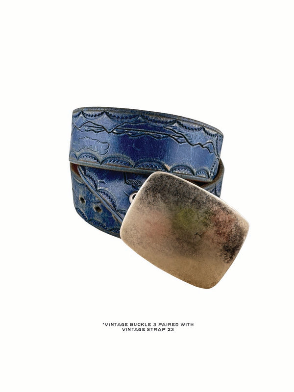 Vintage Belt 23: Blue belt with tooled edges. Size 35 only.