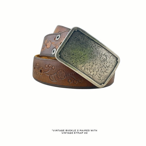 Vintage Belt 22: Soft brown leather with a floral pattern. Size 36 only.