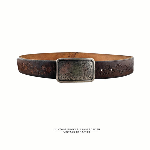 Vintage Belt 22: Soft brown leather with a floral pattern. Size 36 only.