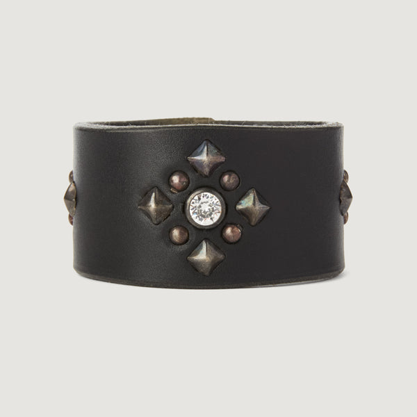 C04: Geometric designed cuff on Black leather with a crystal center