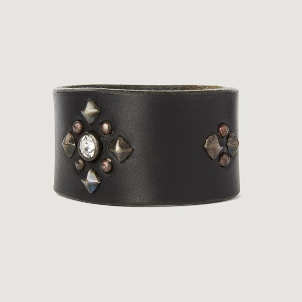 C04: Geometric designed cuff on Black leather with a crystal center