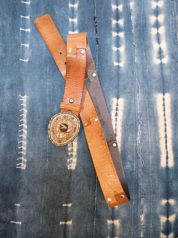 Vintage Belt SB-45. Tan Leather with Rustic Decorative Buckle, Size 34 Only.