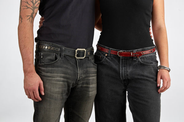 Style 017: Thin belt on cherry leather with elongated ovals, round studs and black crystals