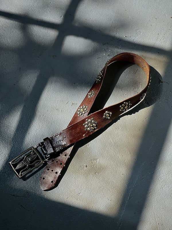 Vintage Belt SB-10. Rich Espresso Leather with Leaf Cutout Buckle, Size 30 Only.