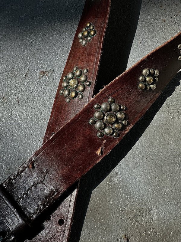 Vintage Belt SB-10. Rich Espresso Leather with Leaf Cutout Buckle, Size 30 Only.