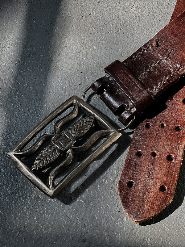 Vintage Belt SB-10. Rich Espresso Leather with Leaf Cutout Buckle, Size 30 Only.
