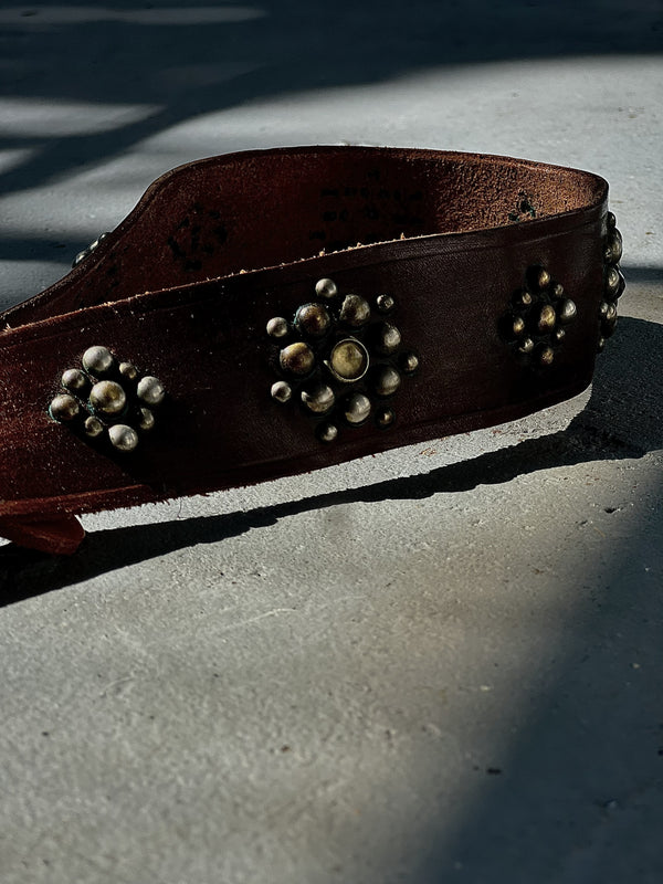 Vintage Belt SB-10. Rich Espresso Leather with Leaf Cutout Buckle, Size 30 Only.