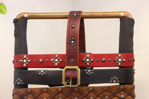 New Studio Belt 402. Burgundy leather with turquoise stones. Size 38 only.