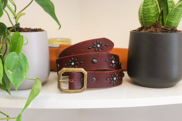 New Studio Belt 402. Burgundy leather with turquoise stones. Size 38 only.