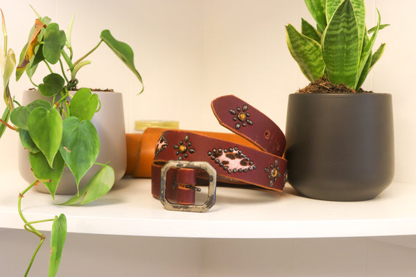 New Studio Belt 403. Oxblood leather with pony insets and tiger's eye. Size 34 only.