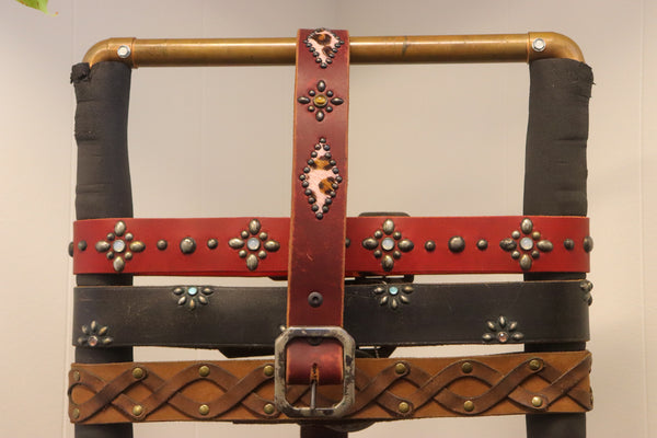 New Studio Belt 403. Oxblood leather with pony insets and tiger's eye. Size 34 only.