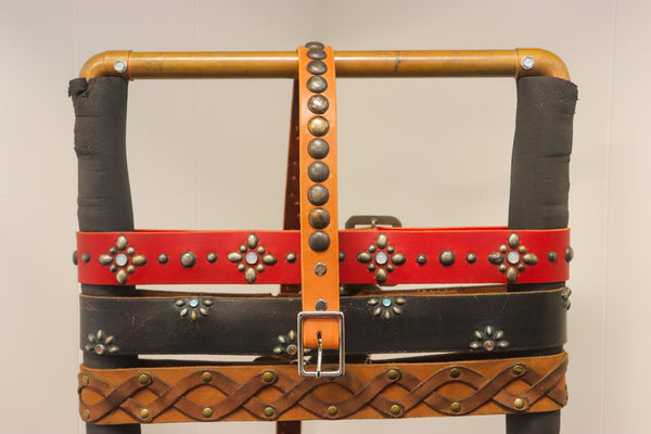 New Studio Belt 404. Honey colored leather with gunmetal bottlecaps. Size 34 only.