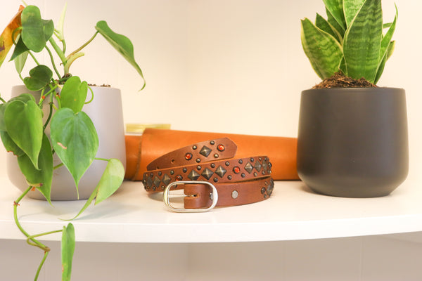 New Studio Belt 406. Slim brown belt with pyramid studs & orange stones. Size 34 only.