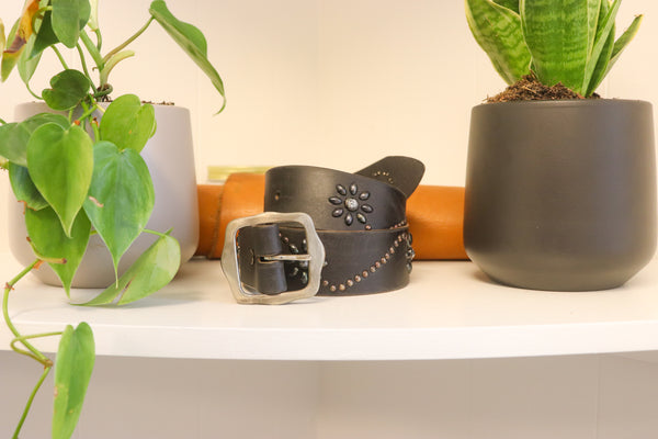 New Studio Belt 408. Wide black belt with multi-colored stones. Size 32 only.
