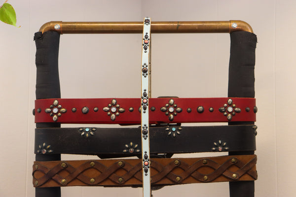 New Studio Belt 410. Slim aqua leather with coral stones. Size 32 only.