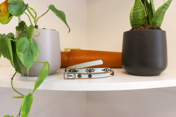 New Studio Belt 410. Slim aqua leather with coral stones. Size 32 only.