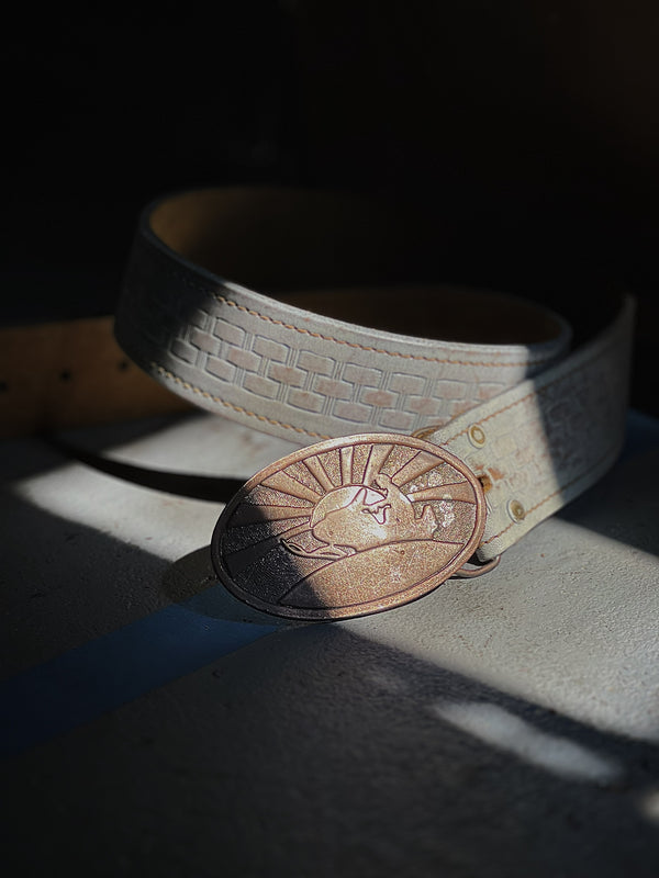 Vintage Belt SB-42. White Leather with Snowmobile Embossed Buckle, Size 32 Only.