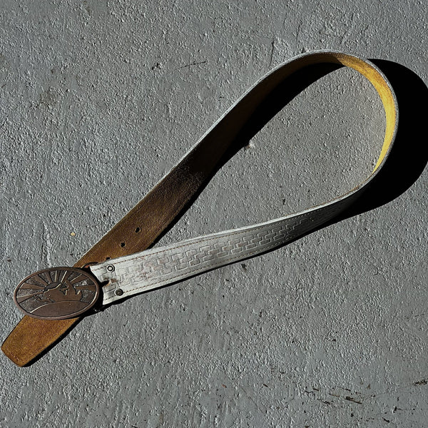 Vintage Belt SB-42. White Leather with Snowmobile Embossed Buckle, Size 32 Only.