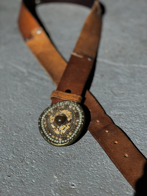 Vintage Belt SB-45. Tan Leather with Rustic Decorative Buckle, Size 34 Only.