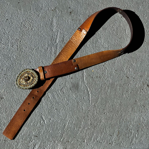 Vintage Belt SB-45. Tan Leather with Rustic Decorative Buckle, Size 34 Only.