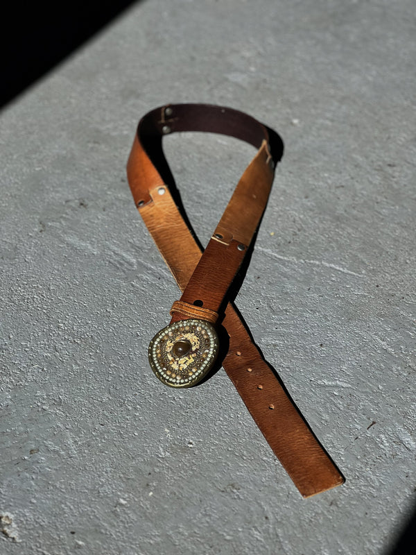 Vintage Belt SB-45. Tan Leather with Rustic Decorative Buckle, Size 34 Only.