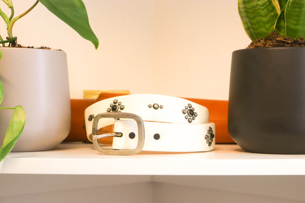 Vintage Studio Belt 108. White leather with onyx stones. Size 32 only.