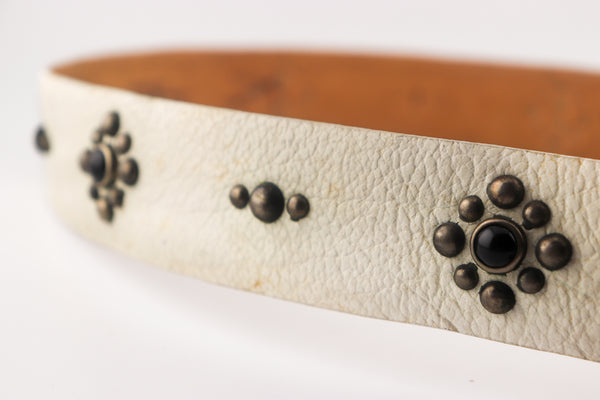Vintage Studio Belt 108. White leather with onyx stones. Size 32 only.