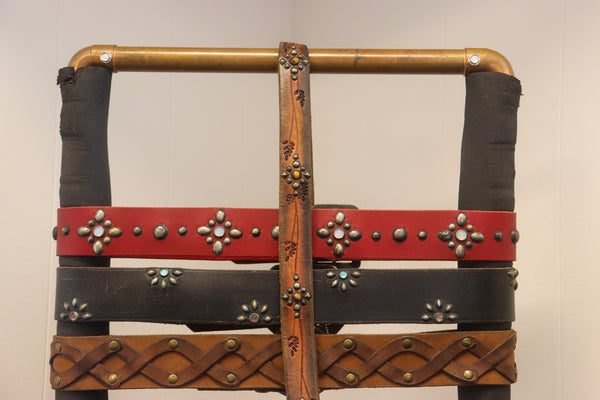 Vintage Studio Belt 121. Ombre leather with tooled pattern and tiger's eye. Size 32 only.