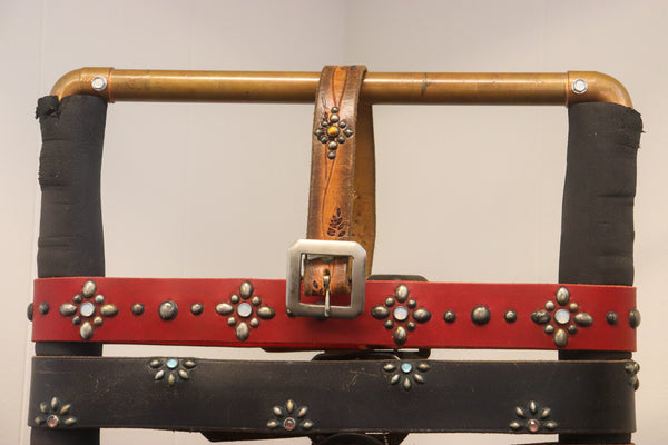 Vintage Studio Belt 121. Ombre leather with tooled pattern and tiger's eye. Size 32 only.