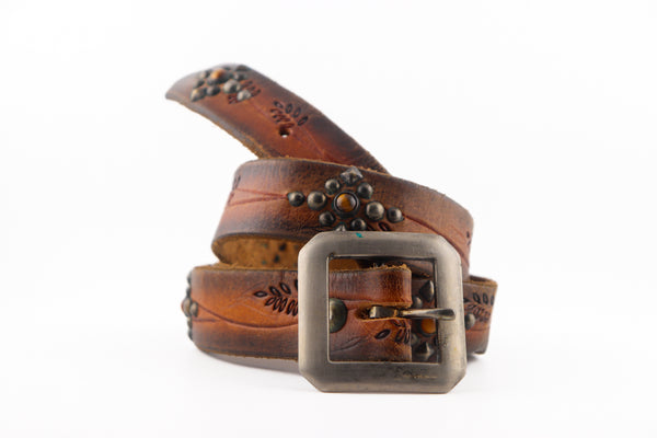 Vintage Studio Belt 121. Ombre leather with tooled pattern and tiger's eye. Size 32 only.