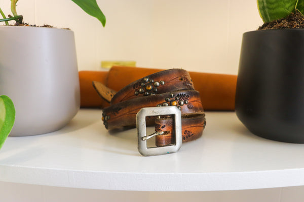 Vintage Studio Belt 121. Ombre leather with tooled pattern and tiger's eye. Size 32 only.
